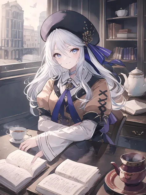 masterpiece,best quality,highres,cinematic lighting,dramatic angle,1girl,<lora:ShadowverseAmaryllisV1:0.8>,white hair, brown shirt,black and purple dress,white sleeves,ribbon,hat,holding book,looking at viewer,bow,belt,sailor collar,sitting on chair,book shelf,desk,smile,across table,pov across table,head tilt,arm support,steamy black tea,teacup,