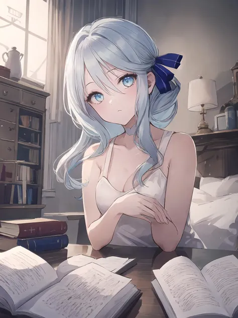 masterpiece,best quality,highres,cinematic lighting,dramatic angle,1girl,<lora:ShadowverseAmaryllisV1:0.8>,light blue hair,blue eyes,white dress,bare shoulders,ponytail,hair ribbon,looking at viewer,head tilt,curious,indoors,bedroom,collarbone,bare arms,holding book,pillow