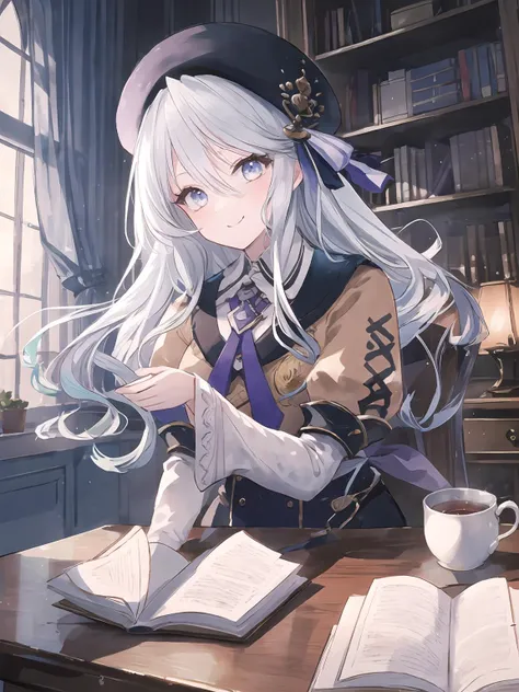 masterpiece,best quality,highres,cinematic lighting,dramatic angle,1girl,<lora:ShadowverseAmaryllisV1:0.8>,white hair, brown shirt,black and purple dress,white sleeves,ribbon,hat,holding book,looking at viewer,bow,belt,sailor collar,sitting on chair,book shelf,desk,smile,across table,pov across table,head tilt,arm support,steamy black tea,teacup,