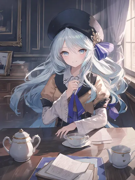 masterpiece,best quality,highres,cinematic lighting,dramatic angle,1girl,<lora:ShadowverseAmaryllisV1:0.8>,light blue hair, brown shirt,black and purple dress,white sleeves,ribbon,hat,looking at viewer,bow,belt,sailor collar,sitting on chair,desk,smile,across table,pov across table,steamy black tea,teacup,holding teacup