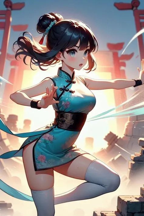 (((masterpiece))), (((best quality))), (((tsuuhaiken))), (((outstretched arms))), (((hand close to waist))), sidelocks, longhair, wristband, sleeveless, ((see through mint chiffon floral qipao)), fluttering skirt, wind, dust, steam, solo, 1girl, (((big tits))), ((ribbon)), open mouth, sweat, shy, blush, ((slim figure)), lace stockings, (((ancient china ruins))), <lora:girlliketsuuhaiken:1>,