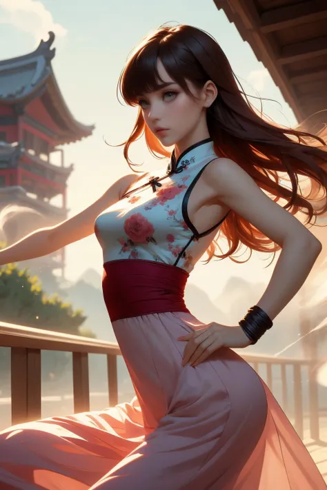 ( detailed realistic background:1),
( official art, beautiful and aesthetic:1 ),
realistic lighting,
cinematic lighting,
hyperrealism,
soothing tones,
muted colors,
high contrast,
soft light,
sharp,
artistic photoshoot,
( cute, petite ),
slender,
european,
pale cheeks,
square face shape with angular jaw,
natural "no-makeup" makeup,
small breasts,
,
ginger hair ,
shag ,
<lora:girlliketsuuhaiken:0.8> tsuuhaiken, outstretched arms, hand close to waist, lunge, sidelocks, longhair, wristband, sleeveless, chiffon floral qipao, fluttering skirt, wind, dust, steam