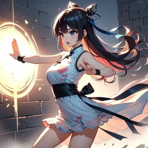 (((masterpiece))), (((best quality))), (((tsuuhaiken))), (((outstretched arms))), (((hand close to waist))), fingers on walls, lunge, sidelocks, longhair, wristband, sleeveless, ((see through cut-out white chiffon floral qipao)), fluttering skirt, wind, dust, steam, solo, 1girl, (((big tits))), ((ribbon)), open mouth, sweat, shy, blush, ((slim figure)), lace stockings, <lora:girlliketsuuhaiken:1>,