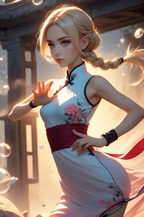 ( detailed realistic background:1),
( official art, beautiful and aesthetic:1 ),
realistic lighting,
cinematic lighting,
hyperrealism,
soothing tones,
muted colors,
high contrast,
soft light,
sharp,
artistic photoshoot,
( cute, petite ),
slender,
european,
pale cheeks,
square face shape with angular jaw,
natural "no-makeup" makeup,
small breasts,
,
platinum blonde hair ,
bubble braid hairstyle ,
<lora:girlliketsuuhaiken:0.8> tsuuhaiken, outstretched arms, hand close to waist, lunge, sidelocks, longhair, wristband, sleeveless, chiffon floral qipao, fluttering skirt, wind, dust, steam