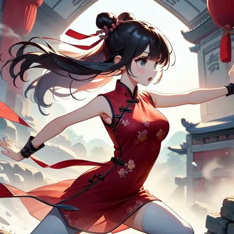 (((masterpiece))), (((best quality))), ((tsuuhaiken)), ((outstretched arms)), ((hand close to waist)), horse stance, sidelocks, longhair, wristband, sleeveless, ((see through cut-out red chiffon floral qipao)), fluttering skirt, wind, dust, steam, solo, 1girl, (((big tits))), ((ribbon)), open mouth, sweat, shy, blush, ((slim figure)), lace stockings, (((ancient china ruins))), <lora:girlliketsuuhaiken:1>,