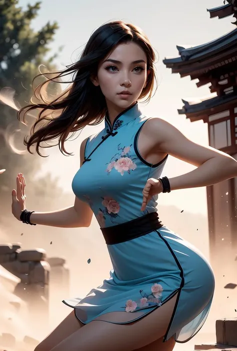 (masterpiece, best quality), 1girl, Cadet blue Slicked-Back Undercut with Side Part, Size B breasts, <lora:girlliketsuuhaiken:0.8> tsuuhaiken, outstretched arms, hand close to waist, lunge, sidelocks, longhair, wristband, sleeveless, chiffon floral qipao, fluttering skirt, wind, dust, steam