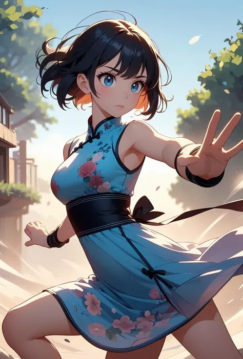 (masterpiece, best quality), 1girl, Ultramarine High Fade with Messy Top, Size H breasts, <lora:girlliketsuuhaiken:0.8> tsuuhaiken, outstretched arms, hand close to waist, lunge, sidelocks, longhair, wristband, sleeveless, chiffon floral qipao, fluttering skirt, wind, dust, steam