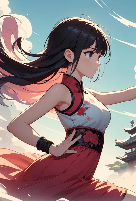 (masterpiece, best quality), 1girl, Ruby Slicked-Back Undercut with Taper Fade, Size F breasts,   <lora:girlliketsuuhaiken:0.8> tsuuhaiken, outstretched arms, hand close to waist, lunge, sidelocks, longhair, wristband, sleeveless, chiffon floral qipao, fluttering skirt, wind, dust,  steam