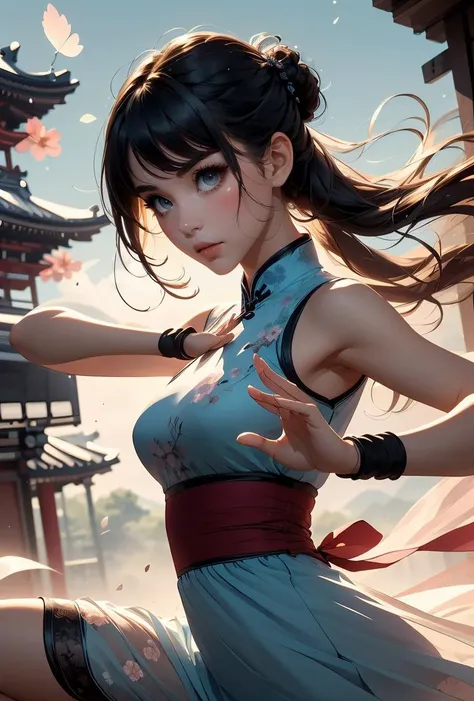 (masterpiece, best quality), 1girl, Cadet blue Side Swept Updo, Sizes I to L breasts,   <lora:girlliketsuuhaiken:0.8> tsuuhaiken, outstretched arms, hand close to waist, lunge, sidelocks, longhair, wristband, sleeveless, chiffon floral qipao, fluttering skirt, wind, dust,  steam