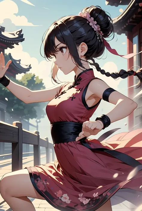 (masterpiece, best quality), 1girl, Red Braided Chignon with Hair Stick, medium breasts,   <lora:girlliketsuuhaiken:0.8> tsuuhaiken, outstretched arms, hand close to waist, lunge, sidelocks, longhair, wristband, sleeveless, chiffon floral qipao, fluttering skirt, wind, dust,  steam