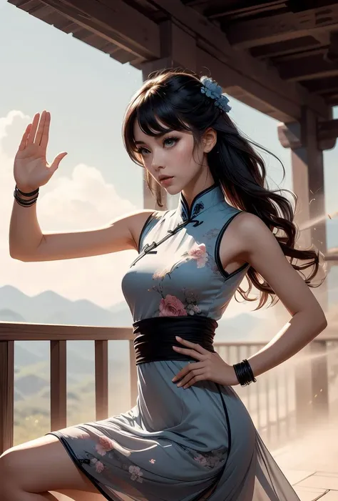 (masterpiece, best quality), 1girl, Blue-gray Side Swept Curls, Size H breasts, <lora:girlliketsuuhaiken:0.8> tsuuhaiken, outstretched arms, hand close to waist, lunge, sidelocks, longhair, wristband, sleeveless, chiffon floral qipao, fluttering skirt, wind, dust, steam
