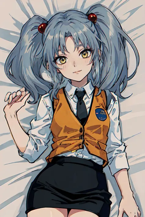 (masterpiece, best quality;1.3), ultra detailed, Looking at viewer,1girl, solo, little smile,
<lora:ruri:0.65>ruri, grey hair, yellow_eyes, BREAK,
orange vest, white collared shirt, black necktie, parted bangs, small breasts,twintails,hair bobbles, black short pencil skirt,
lying on bed, from above, cosmic background,