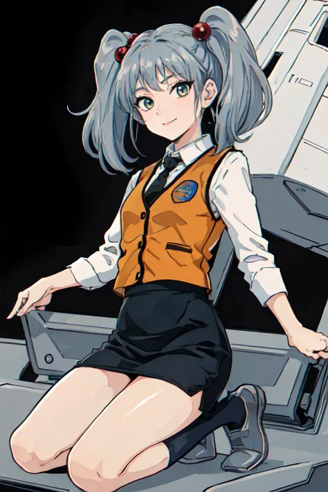 (masterpiece, best quality;1.3), ultra detailed, Looking at viewer,1girl, solo, smile,
<lora:ruri:0.6>ruri, grey hair, gold eyes, BREAK, orange vest, BREAK, white collared shirt, black necktie, parted bangs, small breasts,twintails,hair bobbles, black short pencil skirt,Black high socks, Gray Shoes,
kneeling, front view, spaceship background, galaxy background, cosmic background,
