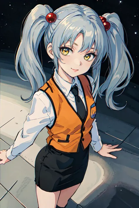 (masterpiece, best quality;1.3), ultra detailed, Looking at viewer,1girl, solo, little smile,
<lora:ruri:0.6>ruri, grey hair, yellow_eyes, BREAK,
orange vest, white collared shirt, black necktie, parted bangs, small breasts,twintails,hair bobbles, black short pencil skirt,
from above, cosmic background,