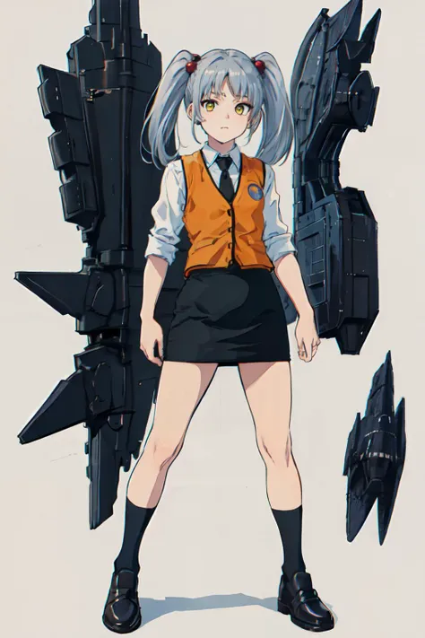 (masterpiece, best quality;1.3), ultra detailed, Looking at viewer,1girl, solo,
 <lora:ruri:0.65>ruri, grey hair,  yellow_eyes, BREAK,
orange vest, white collared shirt, black necktie, parted bangs, small breasts,twintails,hair bobbles, black short pencil skirt,Black high socks, Gray Shoes, 
standing, front view, spaceship background, galaxy background, cosmic background,