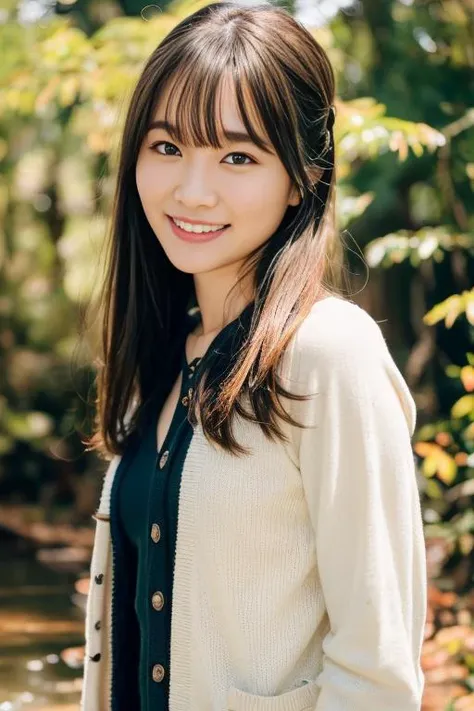 1girl,(wearing a blouse and cardigan:1.2),(RAW photo, best quality), (realistic, photo-realistic:1.4), masterpiece, an extremely delicate and beautiful, extremely detailed, 2k wallpaper, Amazing, finely detail, extremely detailed CG unity 8k wallpaper, ultra-detailed, highres, soft light, beautiful detailed girl, extremely detailed eyes and face, beautiful detailed nose, beautiful detailed eyes,cinematic lighting,in a beautiful forest of pine trees at a Japanese countryside,autumn scenery,maple trees in autumn,by a small rocky river,perfect anatomy,slender body,smiling, <lora:moriyarena_lora:0.8>