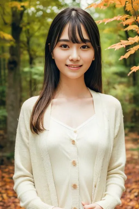 1girl,(wearing a blouse and cardigan:1.2),(RAW photo, best quality), (realistic, photo-realistic:1.4), masterpiece, an extremely delicate and beautiful, extremely detailed, 2k wallpaper, Amazing, finely detail, extremely detailed CG unity 8k wallpaper, ultra-detailed, highres, soft light, beautiful detailed girl, extremely detailed eyes and face, beautiful detailed nose, beautiful detailed eyes,cinematic lighting,in a beautiful forest of pine trees at a Japanese countryside,autumn scenery,maple trees in autumn,by a small rocky river,perfect anatomy,slender body,smiling, <lora:moriyarena_lora:0.8>