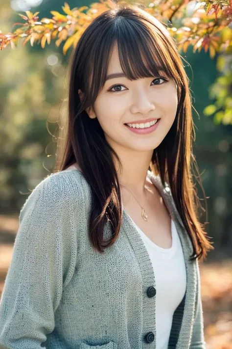 1girl,(wearing a blouse and cardigan:1.2),(RAW photo, best quality), (realistic, photo-realistic:1.4), masterpiece, an extremely delicate and beautiful, extremely detailed, 2k wallpaper, Amazing, finely detail, extremely detailed CG unity 8k wallpaper, ultra-detailed, highres, soft light, beautiful detailed girl, extremely detailed eyes and face, beautiful detailed nose, beautiful detailed eyes,cinematic lighting,in a beautiful forest of pine trees at a Japanese countryside,autumn scenery,maple trees in autumn,by a small rocky river,perfect anatomy,slender body,laughing <lora:moriyarena_lora:0.8>