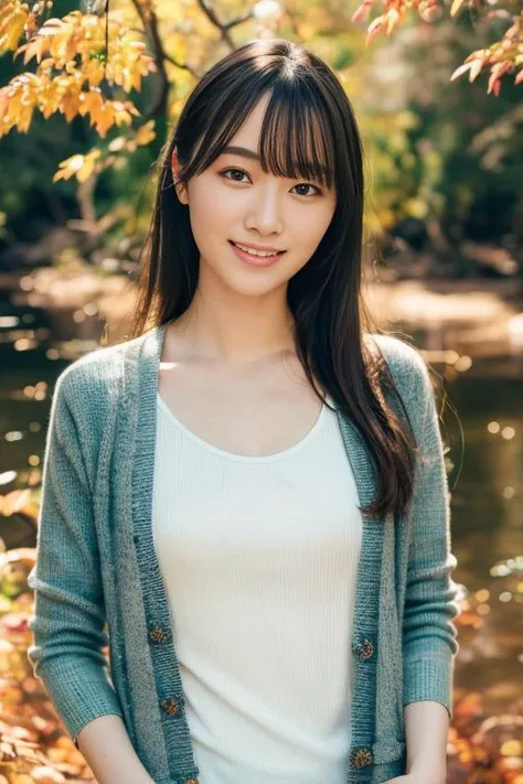 1girl,(wearing a blouse and cardigan:1.2),(RAW photo, best quality), (realistic, photo-realistic:1.4), masterpiece, an extremely delicate and beautiful, extremely detailed, 2k wallpaper, Amazing, finely detail, extremely detailed CG unity 8k wallpaper, ultra-detailed, highres, soft light, beautiful detailed girl, extremely detailed eyes and face, beautiful detailed nose, beautiful detailed eyes,cinematic lighting,in a beautiful forest of pine trees at a Japanese countryside,autumn scenery,maple trees in autumn,by a small rocky river,perfect anatomy,slender body,smiling, <lora:moriyarena_lora:0.8>