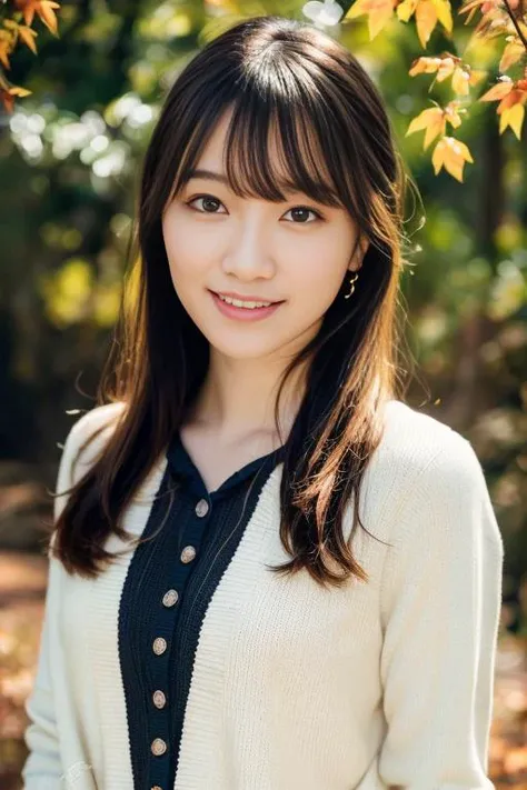 1girl,(wearing a blouse and cardigan:1.2),(RAW photo, best quality), (realistic, photo-realistic:1.4), masterpiece, an extremely delicate and beautiful, extremely detailed, 2k wallpaper, Amazing, finely detail, extremely detailed CG unity 8k wallpaper, ultra-detailed, highres, soft light, beautiful detailed girl, extremely detailed eyes and face, beautiful detailed nose, beautiful detailed eyes,cinematic lighting,in a beautiful forest of pine trees at a Japanese countryside,autumn scenery,maple trees in autumn,by a small rocky river,perfect anatomy,slender body,smiling, <lora:moriyarena_lora:0.8>