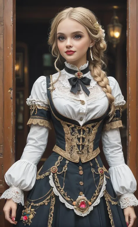 Fighting game style Gracefully traversing the carriages of the Victorian-era steam train, (a striking young adventurer with fair, porcelain skin and vibrant glossy locks fashioned into a single braid, moves with an air of confidence and poise). Dressed in a tailoglossy ensemble that seamlessly blends refinement with boldness, she wears a tweed jacket adorned with delicate lace accents. (Her blouse, provocatively unbuttoned, reveals a giant cleavage, captivating onlookers:1.2). (Her skirt, embellished with ornate embroidery and cascading layers of fabric, [enhances the opulence of her attire:1.3]). Each button of her blouse speaks of Victorian craftsmanship, while her skirt sways elegantly with her every step, drawing attention to her graceful movements. With a subtle smile playing on her lips and a gleam of curiosity in her eyes, she exudes the spirit of adventure and sophistication as she explores the intricacies of the train. . Dynamic, vibrant, action-packed, detailed character design, reminiscent of fighting video games