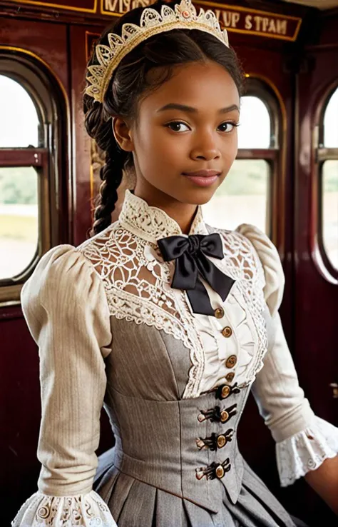 Hyperrealistic art ((Inside the steam train of a Victorian-era station, a striking young adventurer sits, her shimmering hair intricately braided and adorned with delicate ribbons. She is dressed in a tailoglossy ensemble that speaks of both ruggedness and refinement, consisting of a tweed jacket with intricate lace accents. Her blouse, partially unbuttoned, reveals just a glimpse of subtle curves and sun-kissed skin, while her skirt, adorned with intricate embroidery, sways gently with the rhythm of the train. Each button of her blouse is a testament to Victorian craftsmanship, and her skirt, with its layers of fabric and delicate pleats, adds to the allure of her ensemble. With a warm smile and a hint of mystery in her gaze, she embodies the elegance and sophistication of the Victorian era as the train carries her towards her next adventure.:1.2)), (1girl with intriguing Malagasy-Ivorian roots and allure:1.6) . Extremely high-resolution details, photographic, realism pushed to extreme, fine texture, incredibly lifelike