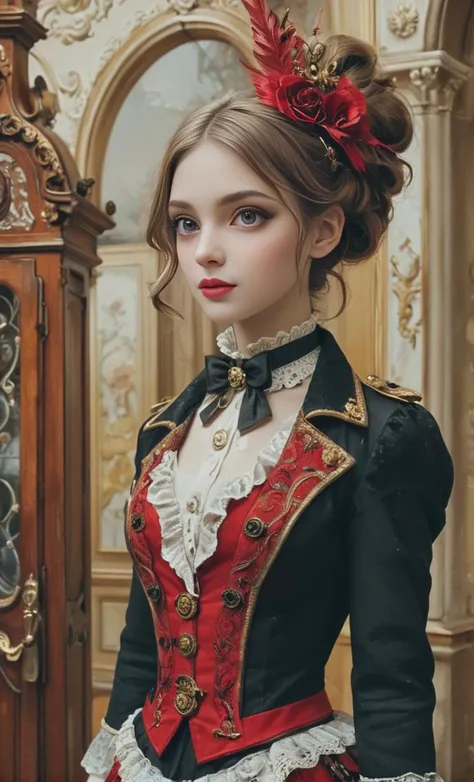 Fighting game style Amidst the hustle and bustle of the Victorian-era train station, (a captivating young adventurer stands poised with her luggage, her fair, porcelain skin glowing softly, and her vibrant glossy locks arranged in a chic ponytail, adding a touch of elegance to her demeanor). Dressed in a tailoglossy ensemble that seamlessly blends sophistication with daring, she wears a tweed jacket adorned with delicate lace accents. (Her blouse, provocatively unbuttoned, reveals a hint of cleavage, captivating the attention of fellow travelers:1.2). (Her skirt, embellished with ornate embroidery and cascading layers of fabric, [enhances the opulence of her attire:1.3]). Each button of her blouse speaks of meticulous craftsmanship, while her skirt's gentle sway with the movement of the crowd adds to the bustling atmosphere of the station. With a determined expression and a sense of readiness, she embodies the spirit of adventure and refinement as she awaits the departure of her train. Opulent Baroque Illumination: Enter a world echoing the magnificence of (dramatic extravagance and artistic opulence:1.2), merging lavish Baroque elements with a deep reverence for cultural heritage. Defined by (rich, vibrant tones and grandiose, imposing shadows:1.3), it evokes a symphony of visual splendor and refined elegance, whisking observers to an era of unparalleled beauty. Embracing opulent Baroque illumination cultivates an atmosphere of profound depth and cultural allure, immersing spectators in an epoch where every gleaming ray resonates with the grandeur of Baroque Europe and the opulent finesse of its legacy, encouraging them to embrace the echoes of cultural brilliance with hearts brimming with timeless reverence and unwavering admiration. . Dynamic, vibrant, action-packed, detailed character design, reminiscent of fighting video games