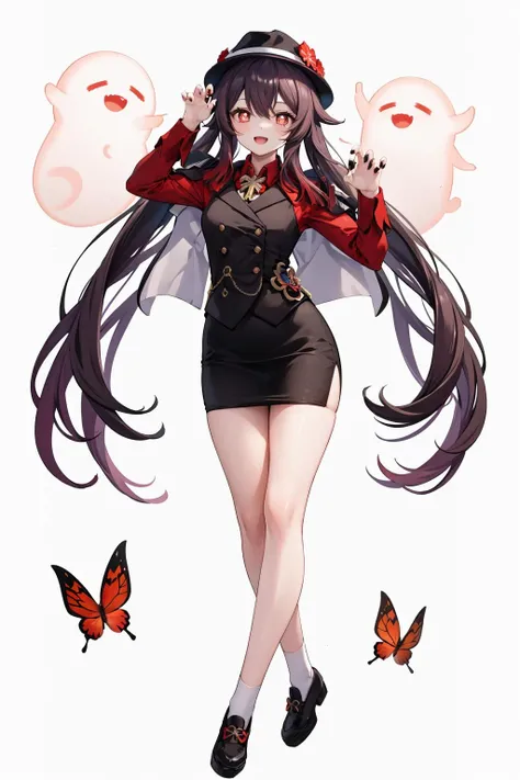1girl, solo,
boo tao (genshin impact), ghost, bug,
white background,simple background,
full body, smile, open mouth, red butterfly, looking at viewer, claw pose,
hutaooneplus, flower-shaped pupils,
fedora, red shirt, jacket on shoulders, short pencil skirt, vest,
<lora:HuTaoOnePlusV1:1>,
white socks, black shoes, bare legs,