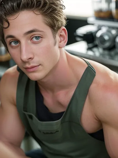 a Highly Detailed full body Photo of a lean male Barista working hard in a cafe, naked only in a dark green apron, people and cafe table in the background, ((extreme close up)), (pale), 1boy, solo, (detailed Face), (perfect detailed eyes:1.1),  focus on face, focus on eyes, bright eyes, (highly detailed skin:1.1),  handsome, hot, perfect athletic body, Modelshoot style, Professional Photography,  PHOTOREALISTIC, Cinematic, Realistic, sunset, RAW, analog, sharp focus, raw, 8k uhd,   high resolution, DSLR, high quality, Fujifilm XT3, award winning, masterpiece   <lora:jeremyWhite_v10:1>