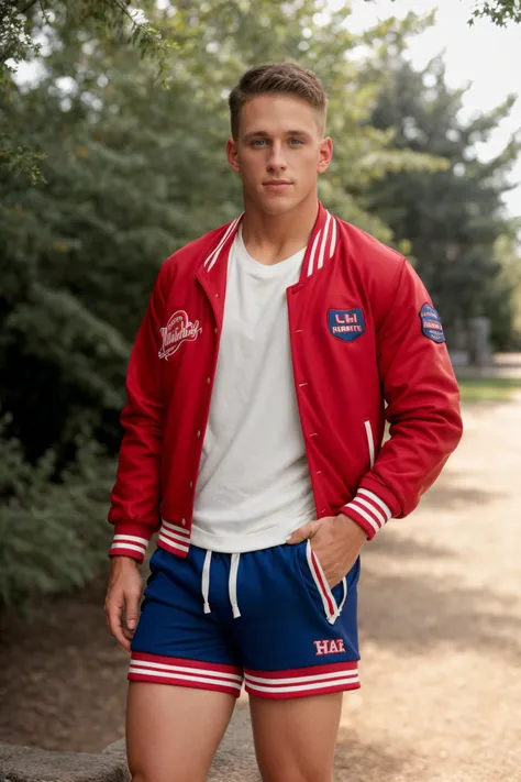 RAW photo, (male), 1boy, a photograph of jeremy_penn standing (varsity jacket shirt and shorts), <lora:Jeremy_Penn-09:0.8>, 8k uhd, dslr, soft lighting, high quality, film grain, Fujifilm XT3