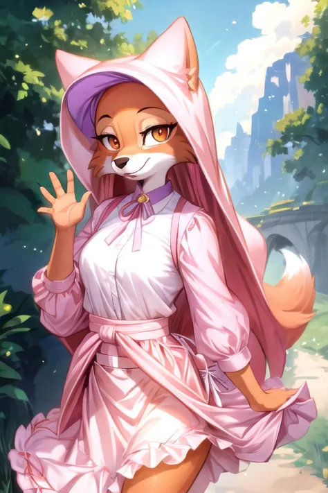 best quality, furry, anthro, animal nose,  <lora:maidmarian-v1:1> maidmarian, smile, orange eyes, fox, waving, holding skirt to side, showing off, showing leg, ((((holding skirt)))), detailed hand,