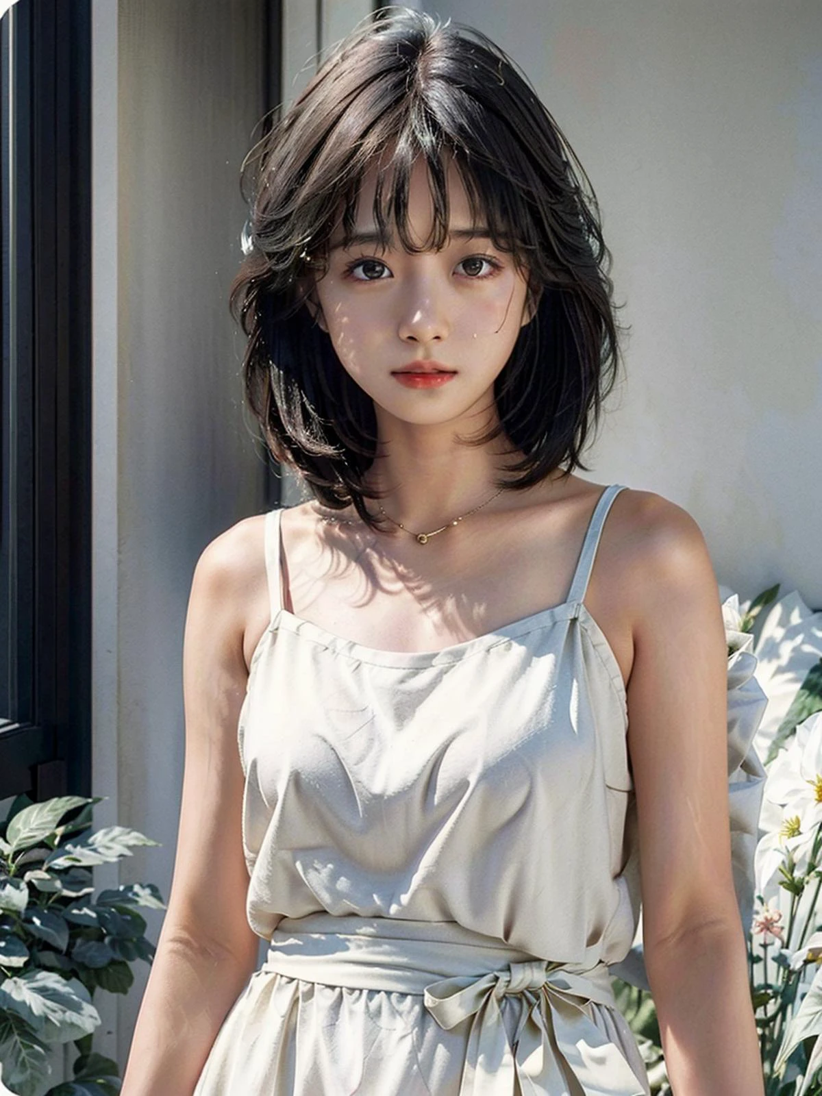 best quality, masterpiece, (realistic, film photography:1.2), fujifilm, photorealistc, haze-light-1800, 80s Japan idol,
analog film, cinematic lighting, depth of field, sharp camera focus,1 woman, elegant, relaxed, peaceful, depressed, smile, white sundress, bare shoulder, bare arms, silver necklace,
beautiful face, smooth skin texture, sexy and cute, straight hair ends, (akina nakamori's hair, short hair, black hair:1.5), (golden brown eyes:1.3), intricate eyes, little blush, (full body:1.2),
dim room, summer, windy, sweating hot, evening, sunset, chill, relaxing, indoor, home, detailed background,
<lora:akinanakamori:0.7>, <lora:add_detail:0.3>, <lora:new_whitegirls:0.3>, <lora:JapaneseDollLikeness_verB:0.1>