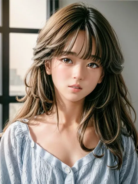 best quality, masterpiece, (realistic, film photography:1.2), fujifilm,
film, cinematic lighting, depth of field, sharp camera focus,1 girl, elegant,
realistic face, skin texture, sexy and cute, akina nakamori hair, (golden brown eyes:1.3), little blush, full body,
dim room, hot summer, windy, dark, evening, sunset, chill, relaxing, indoor, home, detailed background,
<lora:akinanakamori:0.5>, <lora:add_detail:1>