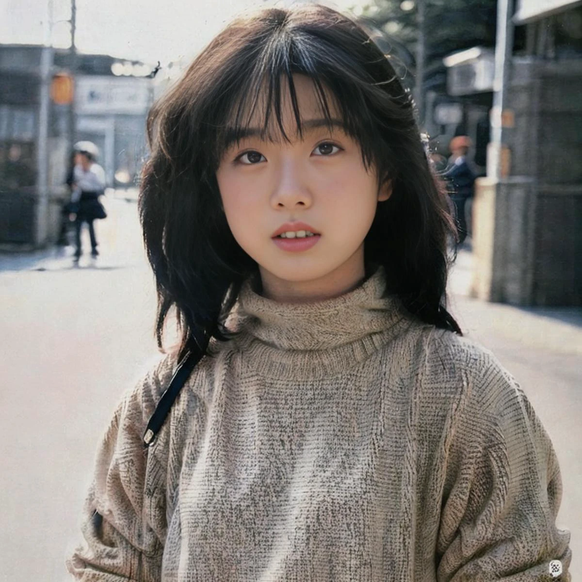 1girl, upper body, old street, sweater, akinanakamori, <lora:akinanakamori:1>