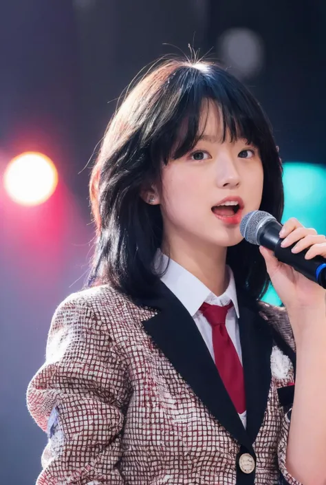 (masterpiece, realistic, ultra high res, high quality:1.2),
1girl, (young),(no make-up) , ((black hair)),
Japanese Idol, singing on stage,
(blazer uniform with red gingham check:1.1),
((akinanakamori)), <lora:akinanakamori:0.6>