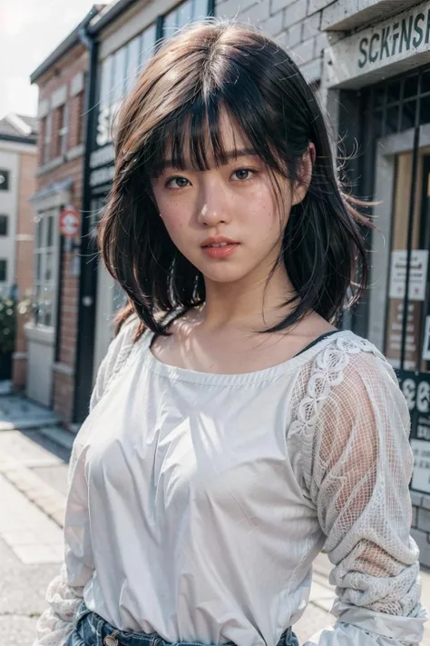 (realistic:1.3), finely detailed, quality, rembrandt lighting, (masterpiece:1.2), (photorealistic:1.2), (best quality), (detailed skin:1.3), (intricate details), dramatic, ray tracing, 1girl, akinanakamori, 21 years old, detailed skin texture, (blush:0.5), (goosebumps:0.5), subsurface scattering, smiling, medium breasts, short hair, bangs, shirt, pants, portrait shot, (bright sunny day), <lora:akinanakamori:0.8>