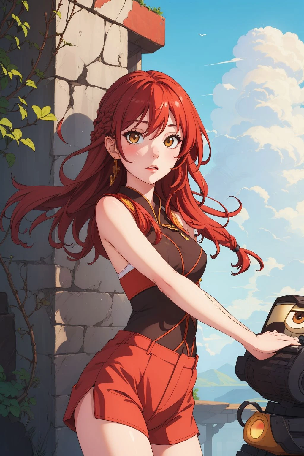 <lora:Himeko03:0.7>, himeko,1girl, Cartoony EVE from WALL-E, Tai chi, intricate background, wearing summer clothes, Twist braid hair, Side lighting, F/8, (masterpiece, best quality, high quality, highres, ultra-detailed)