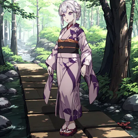 <lora:Amane_Ubuyashiki-10:1>outdoor,forest,high quality,Masterpeace,Amane_Ubuyashiki, 1girl, solo,white hair,kimono,makeup, obi, sandals, red lips, long sleeves, wide sleeves, brown kimono, tuck hair behind ears, purple eyes,