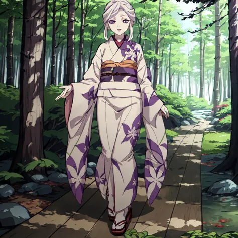 <lora:Amane_Ubuyashiki-10:1>outdoor,forest,high quality,Masterpeace,Amane_Ubuyashiki, 1girl, solo,white hair,kimono,makeup, obi, sandals, red lips, long sleeves, wide sleeves, beige kimono, purple eyes,asymmetrical hair,forehead,ringed eyes