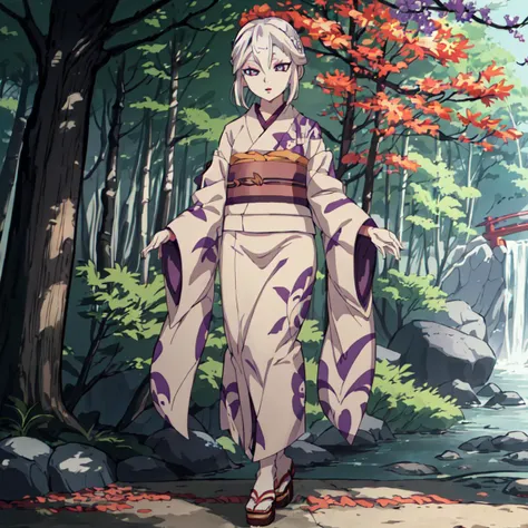 <lora:Amane_Ubuyashiki-10:1>outdoor,forest,high quality,Masterpeace,Amane_Ubuyashiki, 1girl, solo,white hair,kimono,makeup, obi, sandals, red lips, long sleeves, wide sleeves, beige kimono, tuck hair behind ears, purple eyes,