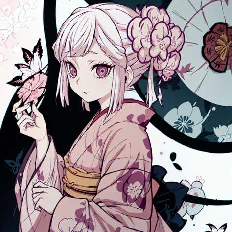 <lora:Amane_Ubuyashiki-10:1>Amane_Ubuyashiki, 1girl, solo, long sleeves, flower, white hair, japanese clothes, kimono, makeup, obi, floral print, print kimono, haori, pink kimono