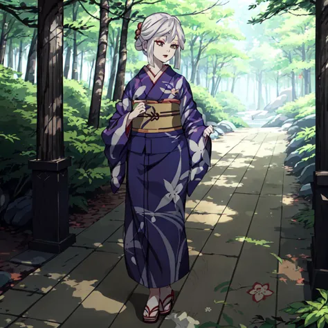 <lora:Amane_Ubuyashiki-10:1>outdoor,forest,high quality,Masterpeace,Amane_Ubuyashiki, 1girl, solo,white hair,kimono,makeup, obi, sandals, red lips, long sleeves, wide sleeves, blue kimono, tuck hair behind ears