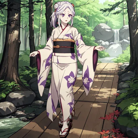 <lora:Amane_Ubuyashiki-10:0.7>outdoor,forest,high quality,Masterpeace,Amane_Ubuyashiki, 1girl, solo,white hair,kimono,makeup, obi, sandals, red lips, long sleeves, wide sleeves, beige kimono, purple eyes,asymmetrical hair,forehead,ringed eyes