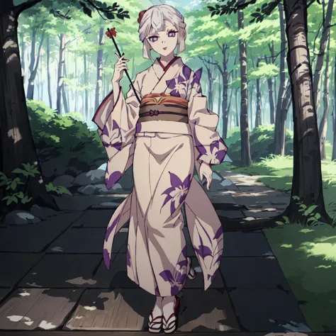 <lora:Amane_Ubuyashiki-10:1>outdoor,forest,high quality,Masterpeace,Amane_Ubuyashiki, 1girl, solo,white hair,kimono,makeup, obi, sandals, red lips, long sleeves, wide sleeves, beige kimono, side swept bangs, purple eyes
