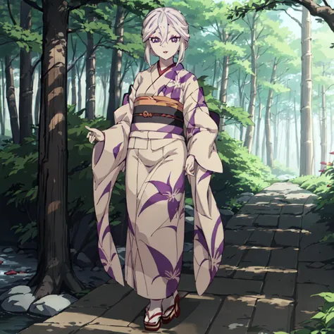 <lora:Amane_Ubuyashiki-10:1>outdoor,forest,high quality,Masterpeace,Amane_Ubuyashiki, 1girl, solo,white hair,kimono,makeup, obi, sandals, red lips, long sleeves, wide sleeves, beige kimono, Side-swept hair, forehead, purple eyes