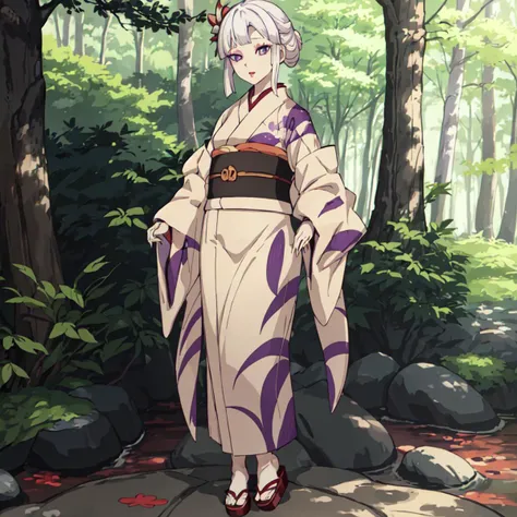 <lora:Amane_Ubuyashiki-10:0.7>outdoor,forest,high quality,Masterpeace,Amane_Ubuyashiki, 1girl, solo,white hair,kimono,makeup, obi, sandals, red lips, long sleeves, wide sleeves, beige kimono, side swept bangs, purple eyes