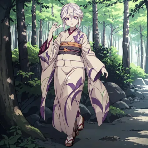 <lora:Amane_Ubuyashiki-10:1>outdoor,forest,high quality,Masterpeace,Amane_Ubuyashiki, 1girl, solo,white hair,kimono,makeup, obi, sandals, red lips, long sleeves, wide sleeves, beige kimono, Side-swept hair, forehead, purple eyes
