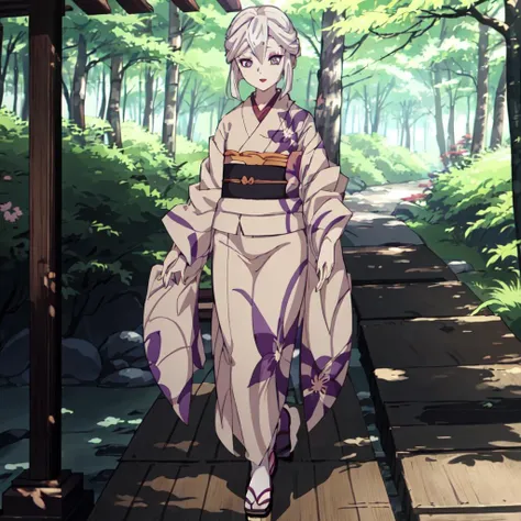 <lora:Amane_Ubuyashiki-10:1>outdoor,forest,high quality,Masterpeace,Amane_Ubuyashiki, 1girl, solo,white hair,kimono,makeup, obi, sandals, red lips, long sleeves, wide sleeves, beige kimono, Side-swept hair, purple eyes,