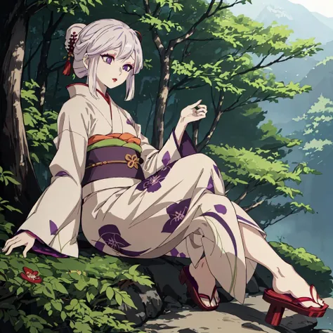 <lora:Amane_Ubuyashiki-10:0.7>outdoor,forest,high quality,Masterpeace,Amane_Ubuyashiki, 1girl, solo,white hair,kimono,makeup, obi, sandals, red lips, long sleeves, wide sleeves, beige kimono, purple eyes,asymmetrical hair,forehead