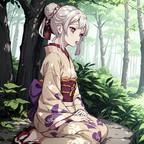 <lora:Amane_Ubuyashiki-10:0.7>outdoor,forest,high quality,Masterpeace,Amane_Ubuyashiki, 1girl, solo,white hair,kimono,makeup, obi, sandals, red lips, long sleeves, wide sleeves, beige kimono, single side bun, purple eyes,single hair bun